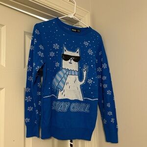 MAD Engine Blue Snowflake Cat Sweater